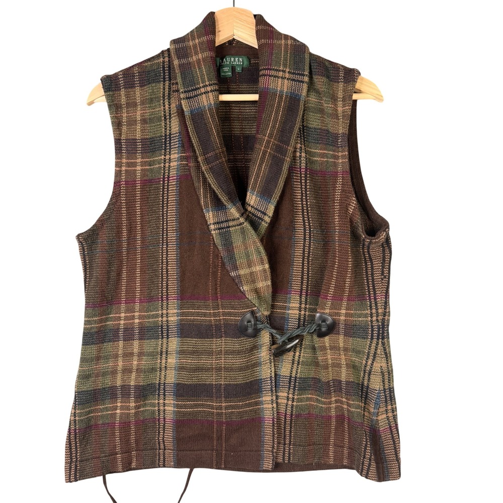 Lauren Ralph Lauren Plaid Toggle Vest Shawl Collar Brown Green Cotton Large